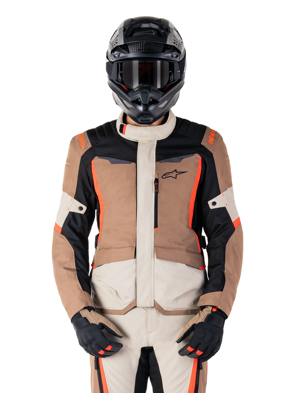 Alpinestars ST-1 Waterproof Jacket, Motorcycle Touring Jacket, Tan and Black with Orange Accents, worn with matching pants, black helmet and gloves, waterproof protective gear for all-weather riding