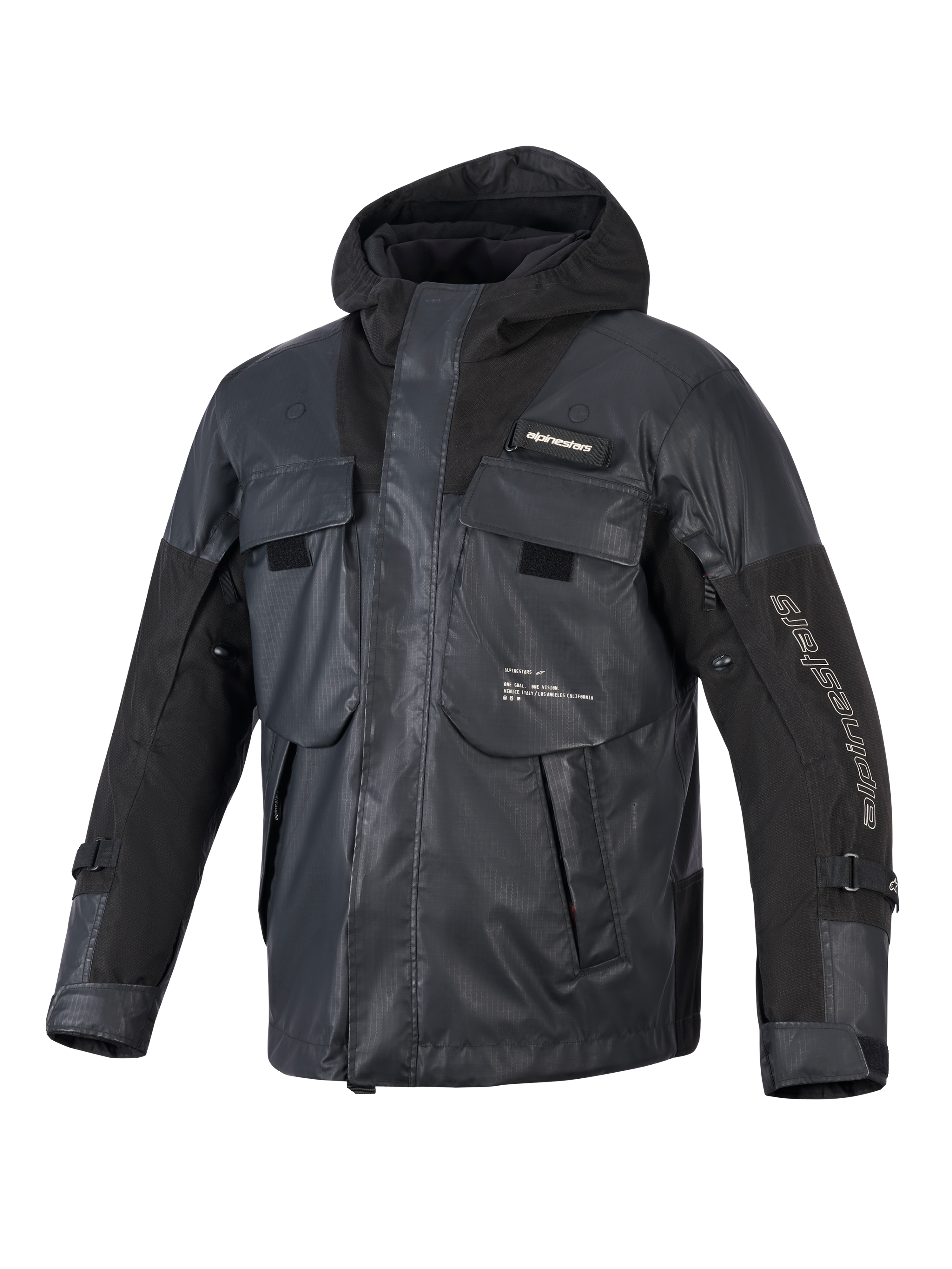 Alpinestars Mospher Waterproof Jacket, Black Motorcycle Parka, tactical utility design with multiple large pockets, ripstop textile construction, integrated hood, white Alpinestars branding on the sleeve and chest