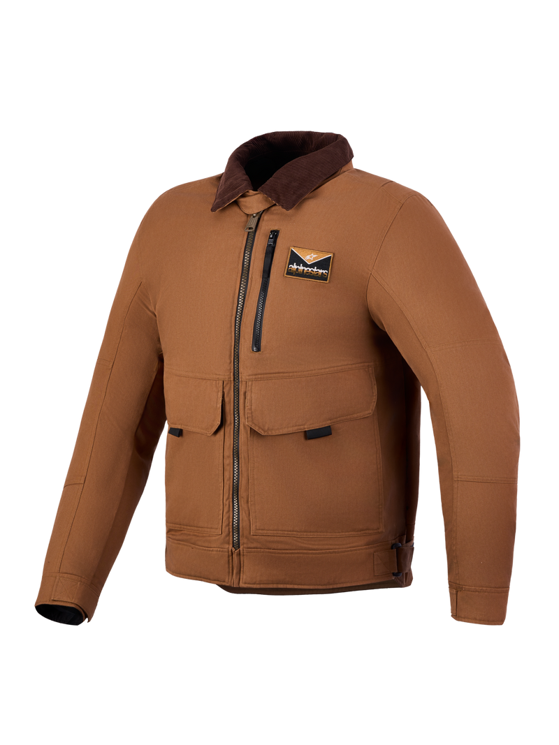 Alpinestars Mustang Waterproof Jacket, Men's textile motorcycle jacket, Dark Rust Dark Brown, workwear-inspired styling with corduroy collar and front patch pockets, CE certified
