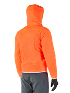 Alpinestars Mohobbs Waterproof Jacket, packable emergency rain liner in bright Orange Fluo, rear view showing stormproof hood, worn with dark grey riding pants and black gloves, lightweight waterproof urban motorcycle gear