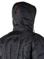 Alpinestars Mohobbs Waterproof Jacket, Padded Motorcycle Bomber Jacket, Black and Orange Fluo, quilted texture with insulated padding, features a hood and front zipper, contemporary urban streetwear for riding