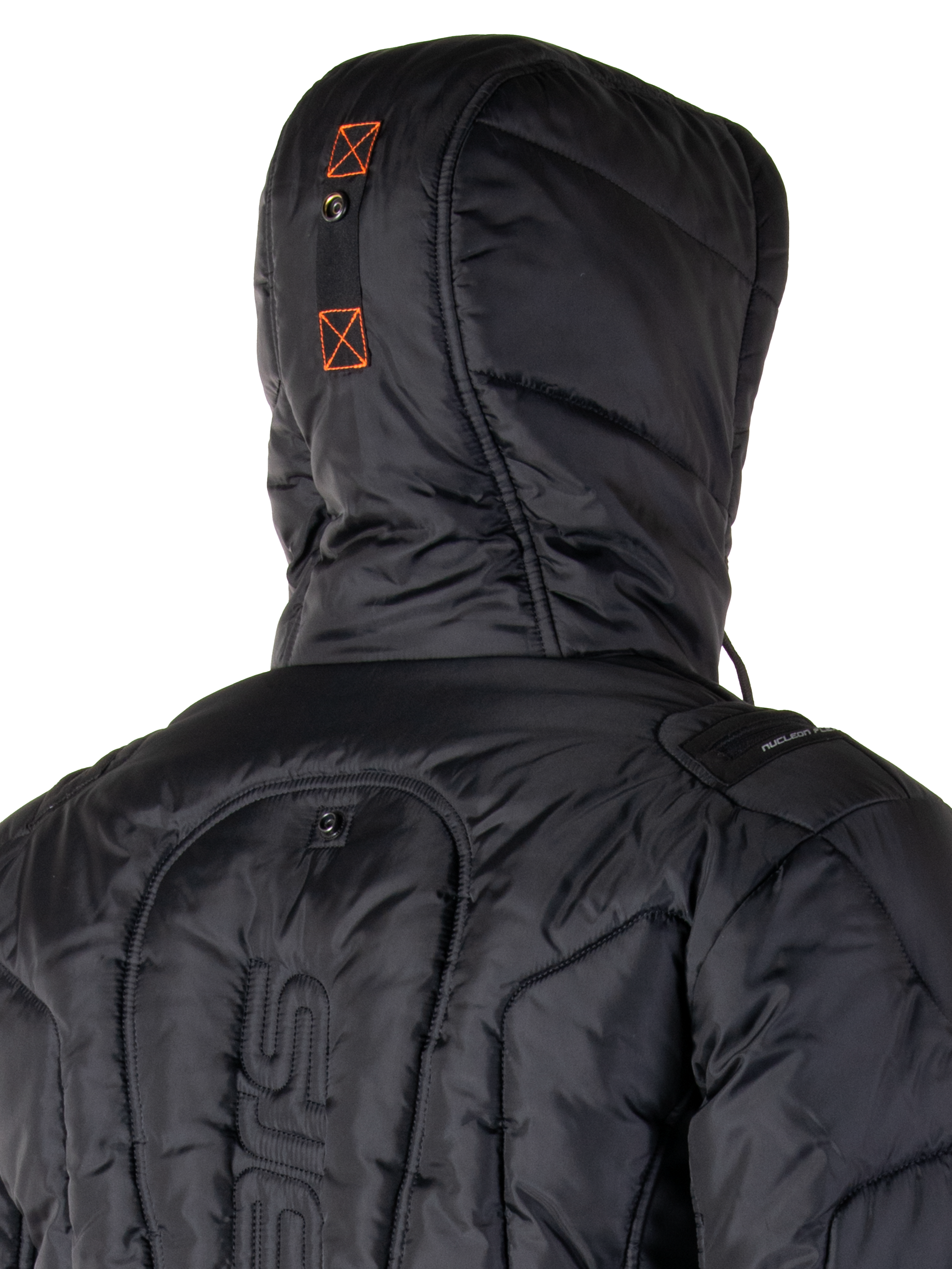 Alpinestars Mohobbs Waterproof Jacket, Padded Motorcycle Bomber Jacket, Black and Orange Fluo, quilted texture with insulated padding, features a hood and front zipper, contemporary urban streetwear for riding