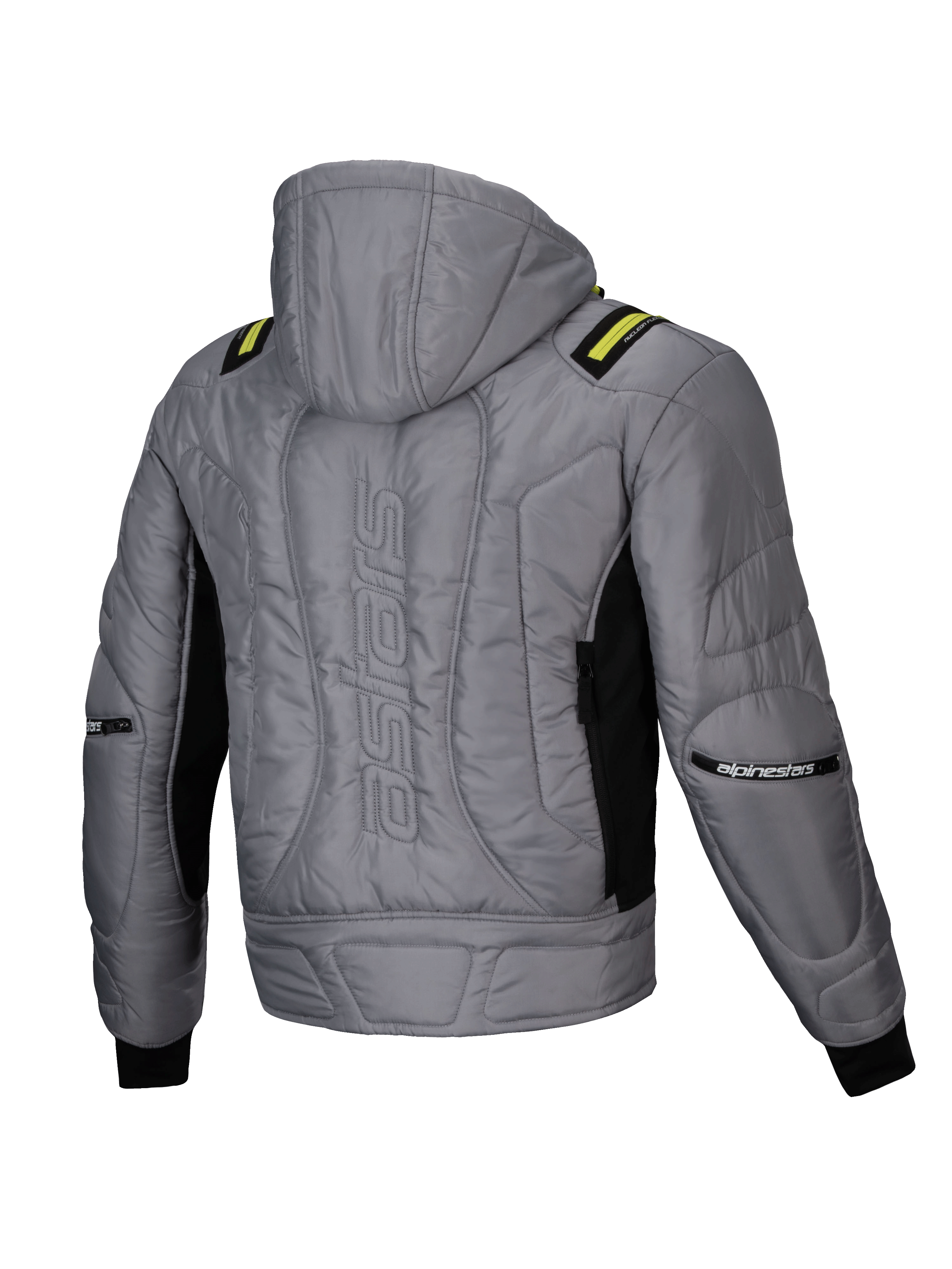 Alpinestars Mohobbs Waterproof Jacket, urban motorcycle bomber jacket with hood, Men's Lunar Gray and Lime Punch, featuring quilted padding and astars back wordmark