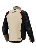 Alpinestars Andes Pro Drystar® XF Jacket, Rear view, Walnut and black with red accents, features reinforced panels on shoulders and elbows, large back storage pocket, and Alpinestars branding, adventure touring motorcycle gear