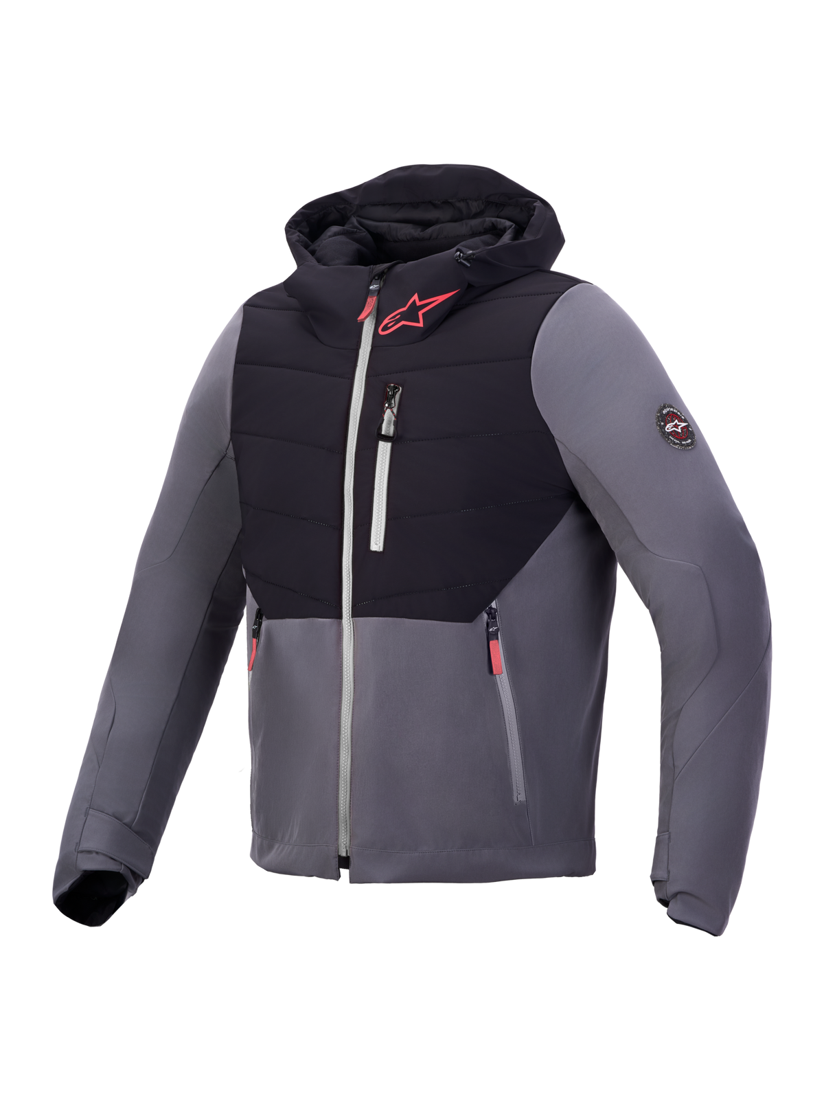 Alpinestars Therma-Tech Waterproof Jacket, Men's Insulated Motorcycle Jacket, Black and Dark Gray, front view showing sonic-welded chest baffles, integrated hood, and red logo accents.