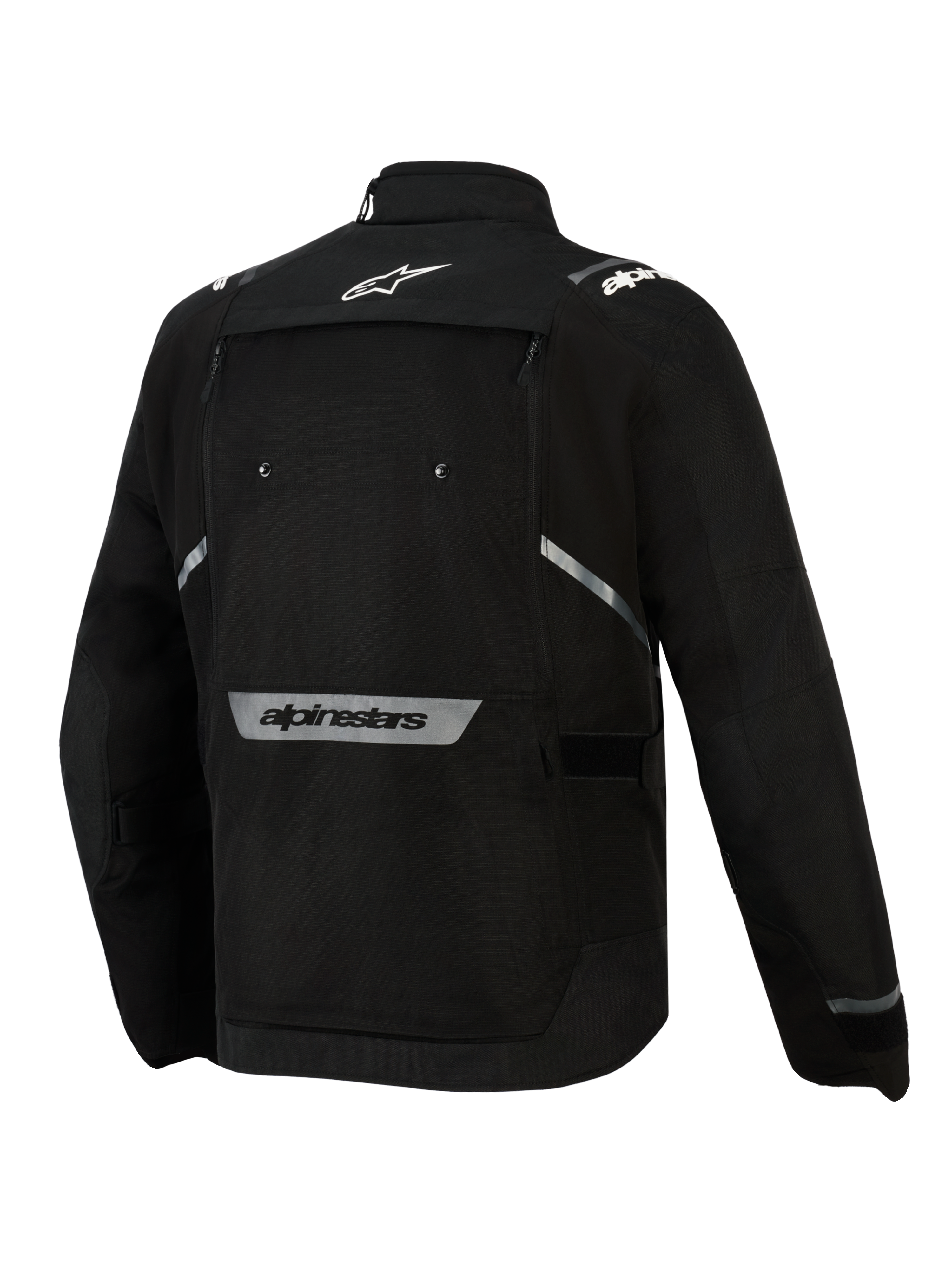 Alpinestars Cusco Drystar® Jacket, Black, Back View, featuring white star logo on the upper back, reflective Alpinestars wordmark on the lower back, large zippered ventilation panel, and durable textile construction for adventure touring