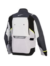 Alpinestars Cusco Drystar® Jacket, Motorcycle Jacket, Ice Gray Mid Gray and Deep Gray, back view featuring multi-tonal textile panels, neon yellow accents, large rear ventilation panel, and white Alpinestars branding on the collar and lower back
