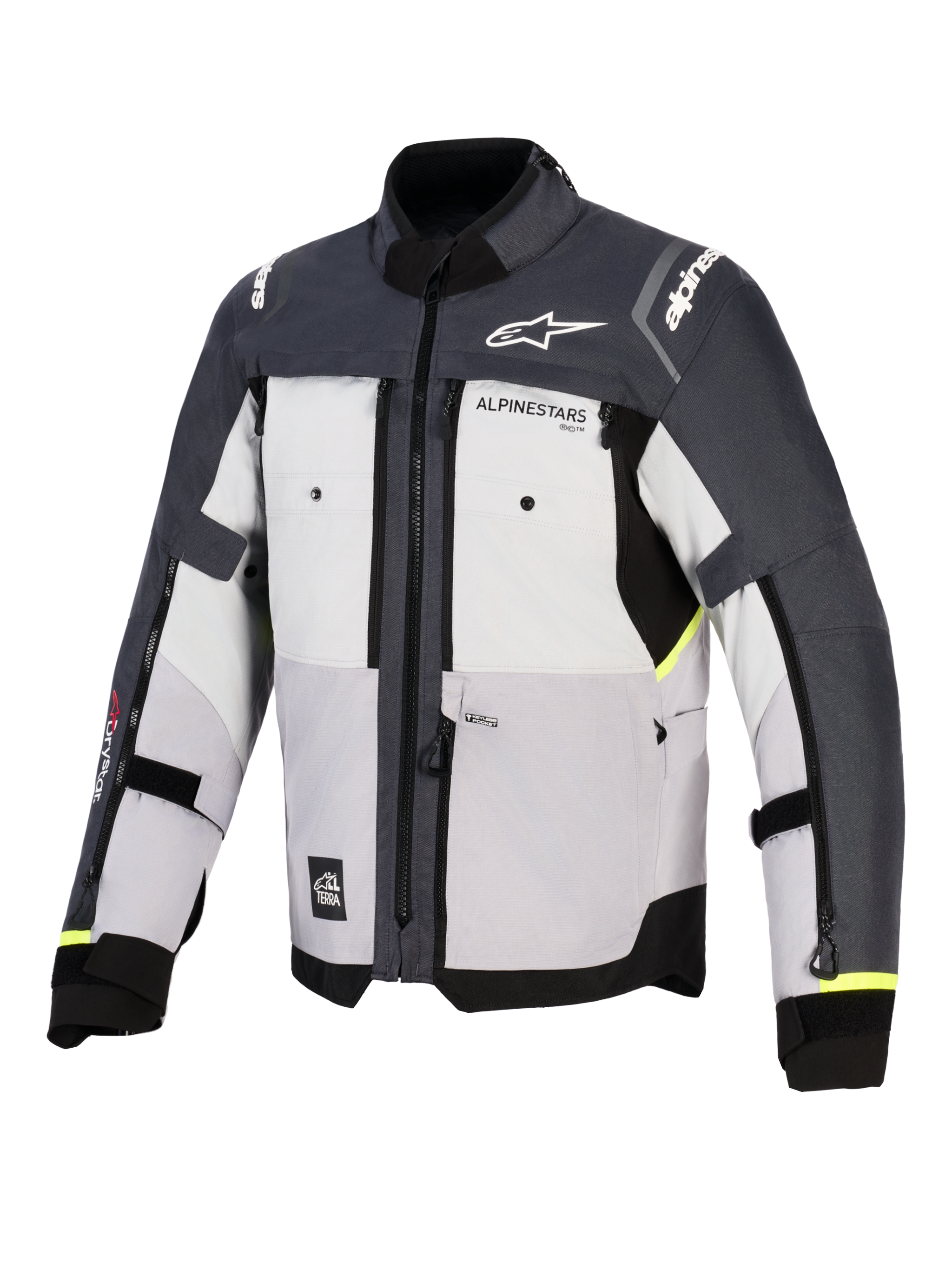 Alpinestars Cusco Drystar® Jacket, Motorcycle Adventure Jacket, Ice Gray Mid Gray and Deep Gray, front view featuring multi-paneled textile construction, zippered chest vents, and Alpinestars branding on chest and shoulders