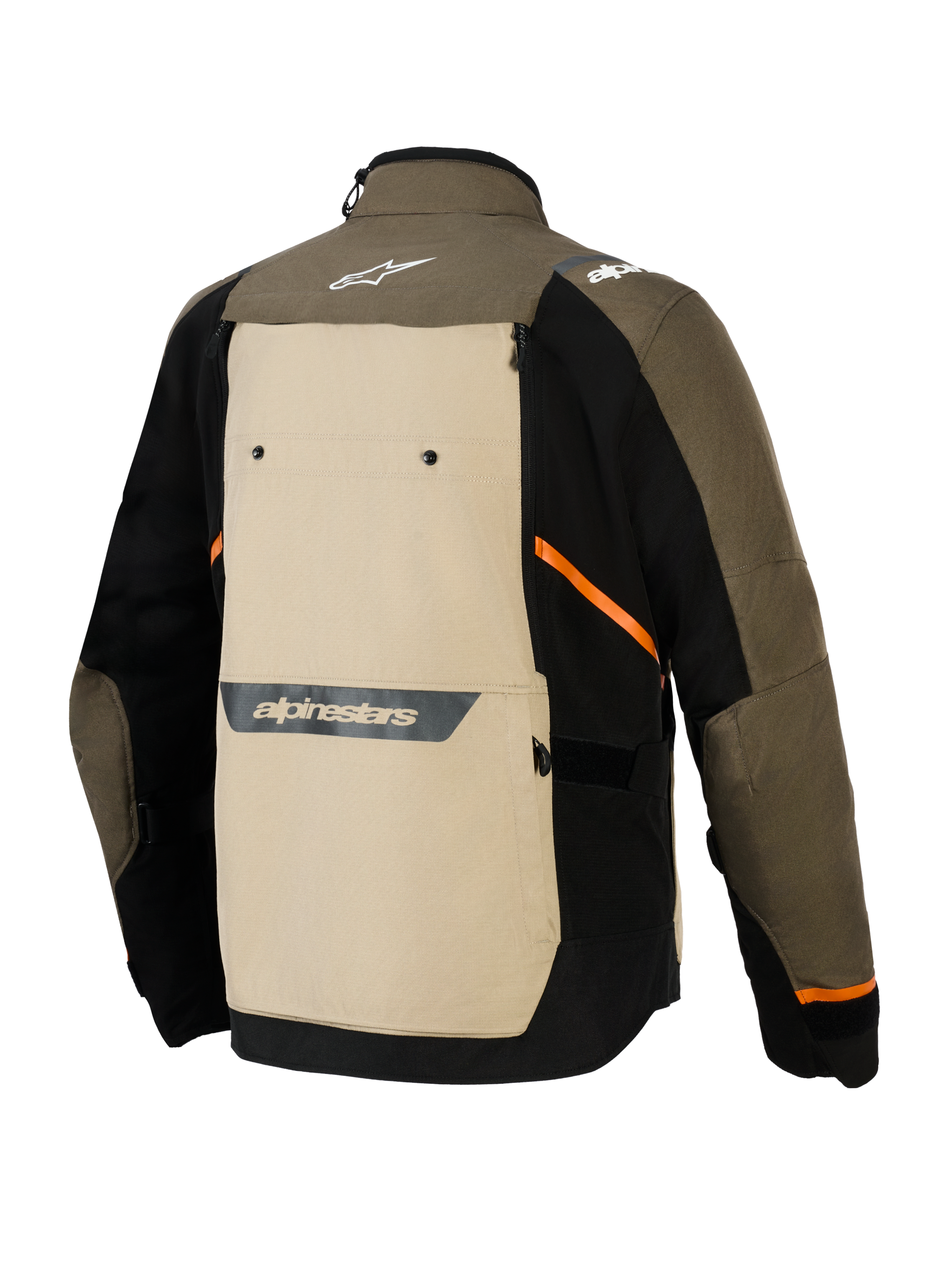 Alpinestars Cusco Drystar® Jacket, Back View, Walnut Aluminum Black, textile adventure motorcycle jacket featuring a large beige back panel, orange diagonal accents, and reflective logos on a brown and black shell.