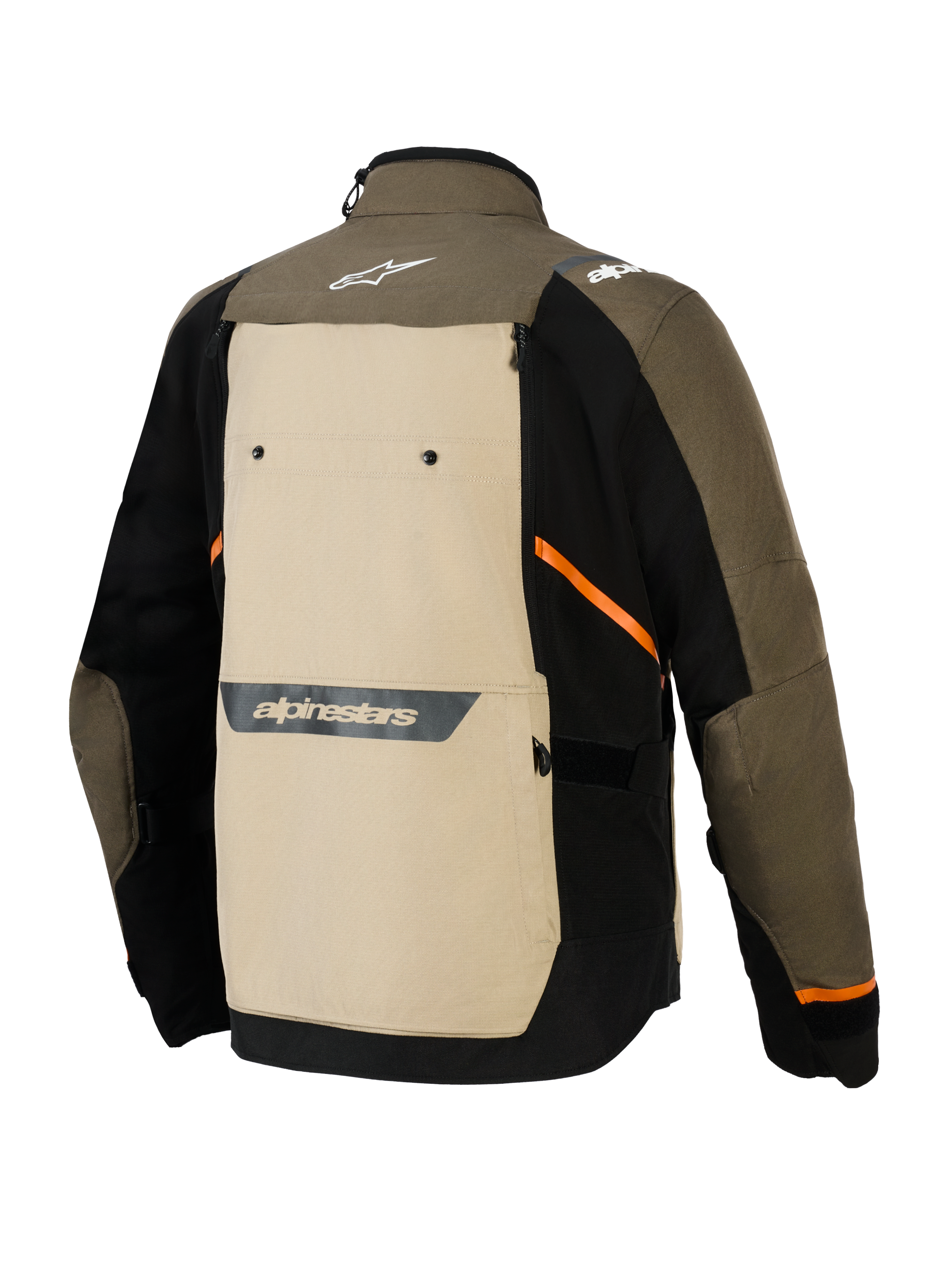 Alpinestars Cusco Drystar® Jacket, Back View, Walnut Aluminum Black, textile adventure motorcycle jacket featuring a large beige back panel, orange diagonal accents, and reflective logos on a brown and black shell.