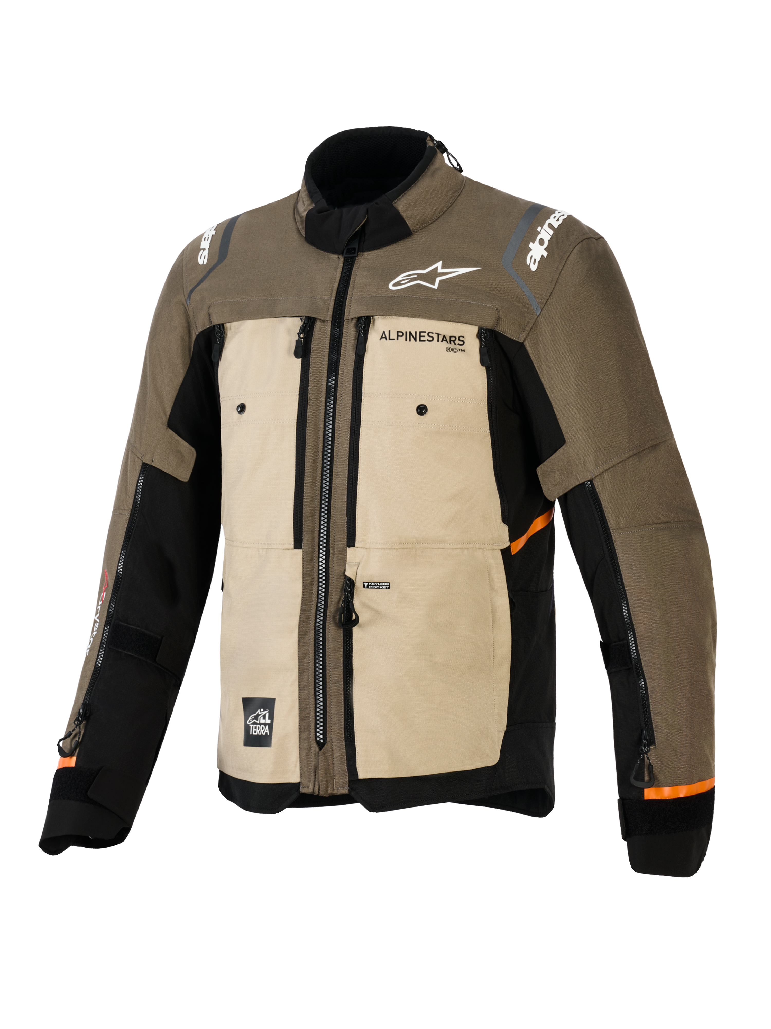 Alpinestars Cusco Drystar® Jacket, Walnut Aluminum Black, adventure touring motorcycle jacket, front three-quarter view, textile construction with tan and brown panels, zippered vents, white Alpinestars logos, and orange accents on the sleeves