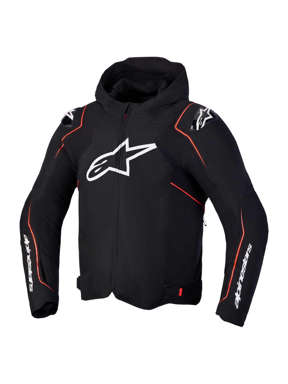 Alpinestars Zaca V2 Waterproof Jacket, men's motorcycle textile jacket in black and red fluo with integrated hood, CE certified protection, and DFS shoulder armor