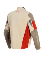 Alpinestars Maxdura Drystar®XF Laminated Armored Shell, Adventure Motorcycle Jacket, Aluminum Walnut and Rust Brown, back view featuring red logo on neck, technical multi-panel design with ventilation slits and durable textile construction.