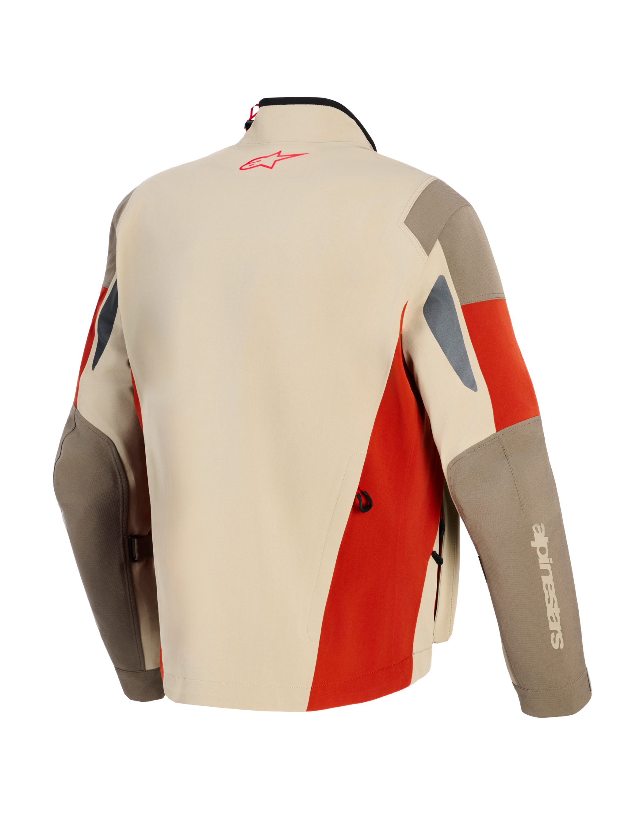 Alpinestars Maxdura Drystar®XF Laminated Armored Shell, Adventure Motorcycle Jacket, Aluminum Walnut and Rust Brown, back view featuring red logo on neck, technical multi-panel design with ventilation slits and durable textile construction.