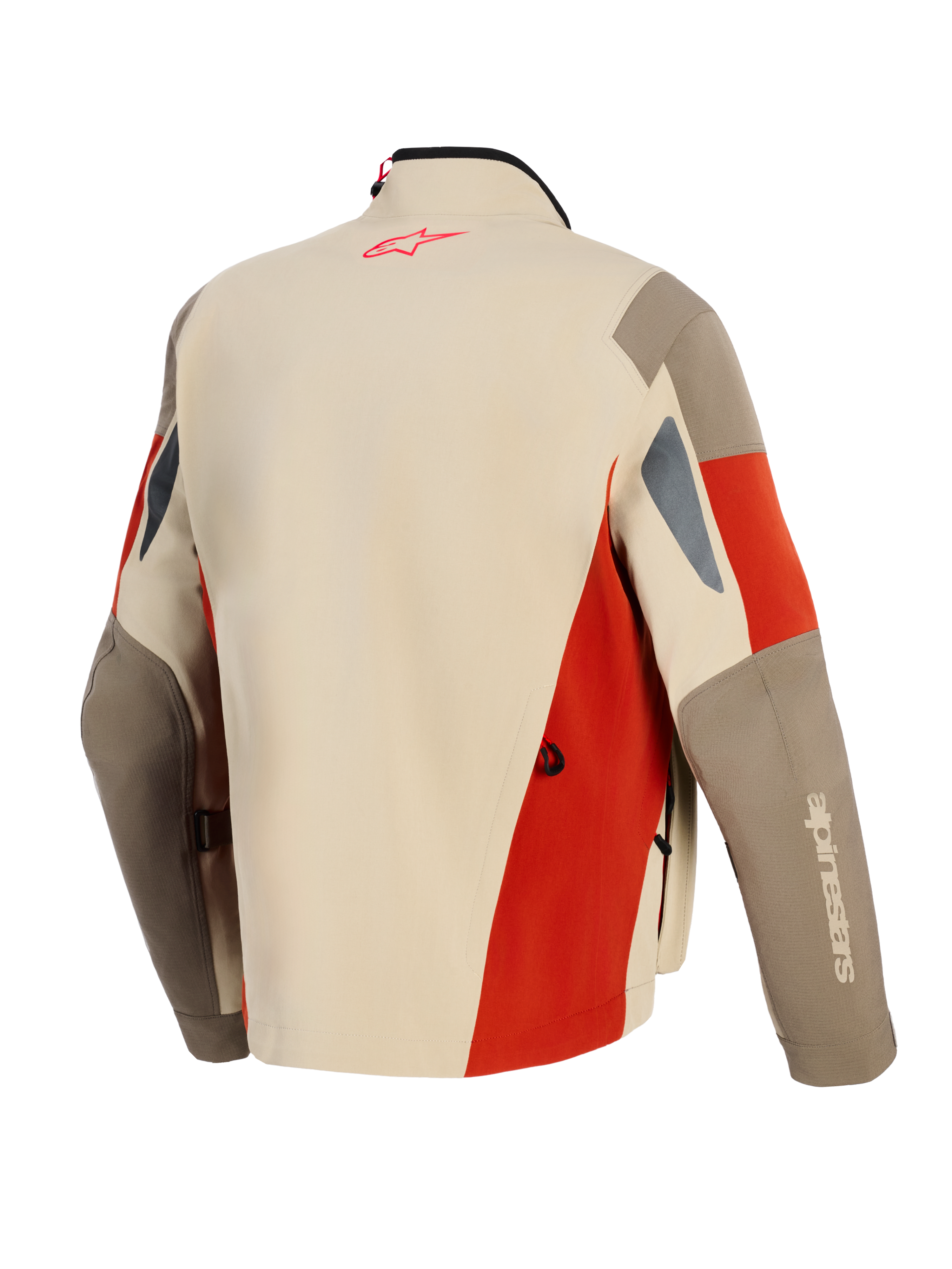 Alpinestars Maxdura Drystar®XF Laminated Armored Shell, Adventure Motorcycle Jacket, Aluminum Walnut and Rust Brown, back view featuring red logo on neck, technical multi-panel design with ventilation slits and durable textile construction.