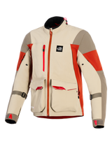 Alpinestars Maxdura Drystar®XF Laminated Armored Shell, Adventure Motorcycle Jacket, Aluminum Walnut and Rust Brown, features large front cargo pockets with red accents, vertical chest zipper, All Terra branding patch, and technical 3-layer laminated construction.