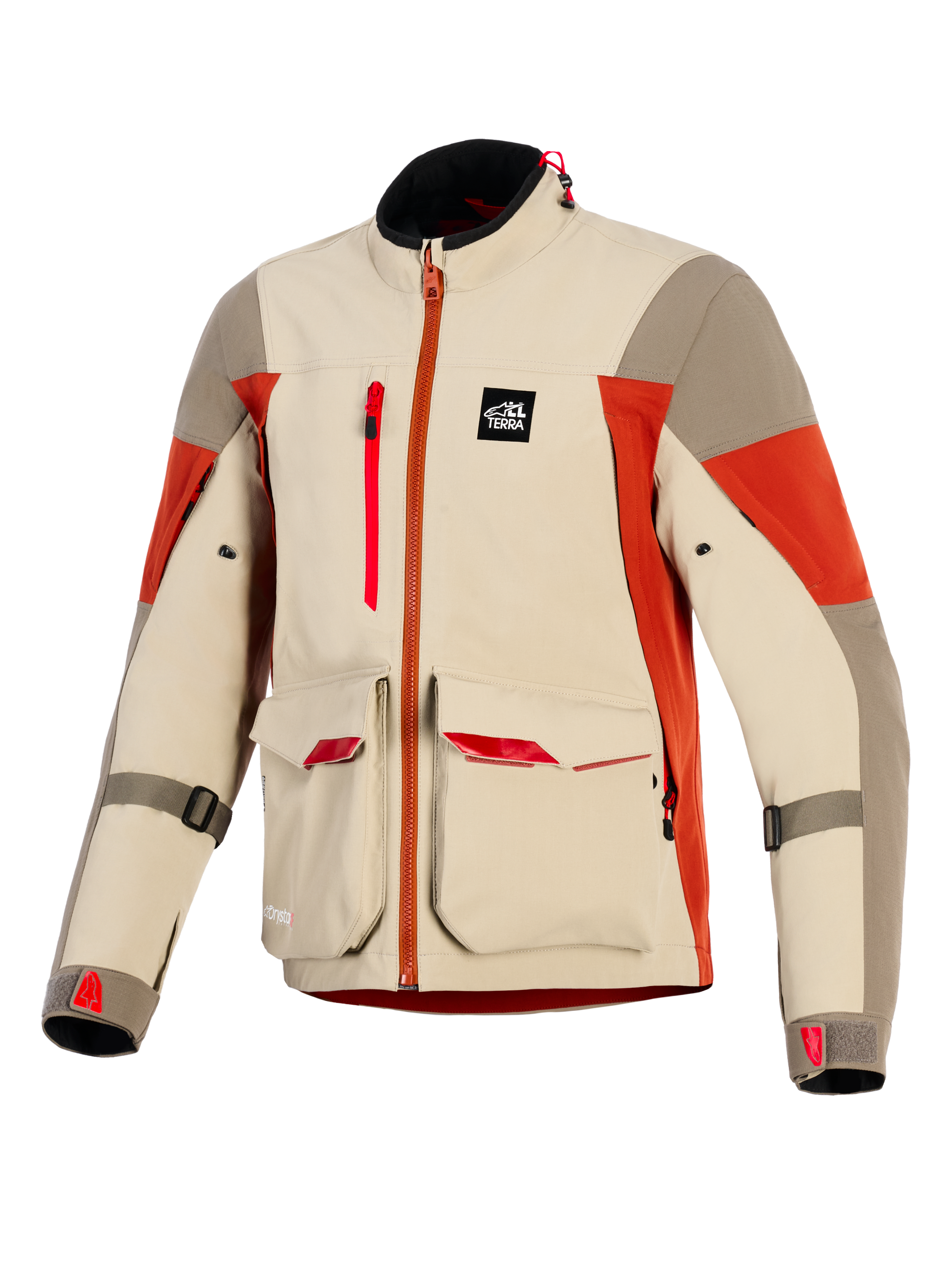 Alpinestars Maxdura Drystar®XF Laminated Armored Shell, Adventure Motorcycle Jacket, Aluminum Walnut and Rust Brown, features large front cargo pockets with red accents, vertical chest zipper, All Terra branding patch, and technical 3-layer laminated construction.