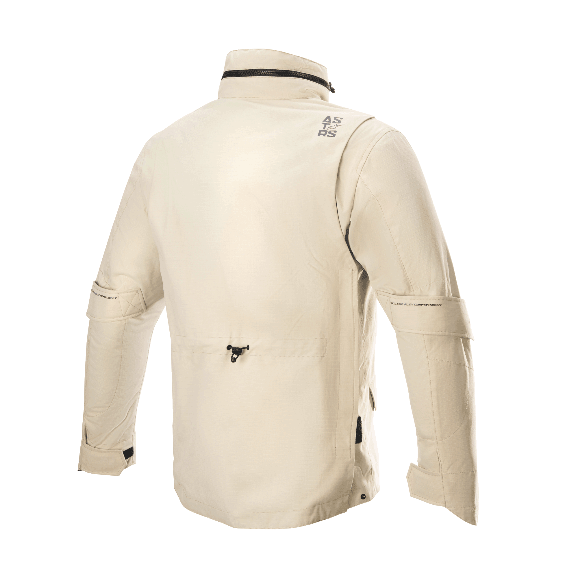 Alpinestars MO.ST.EQ Field Waterproof Primaloft Jacket, Motorcycle Jacket, Sand Military, rear view featuring a high collar with packable hood, sleeve volume adjusters, and a lightweight ripstop construction in a contemporary field jacket style