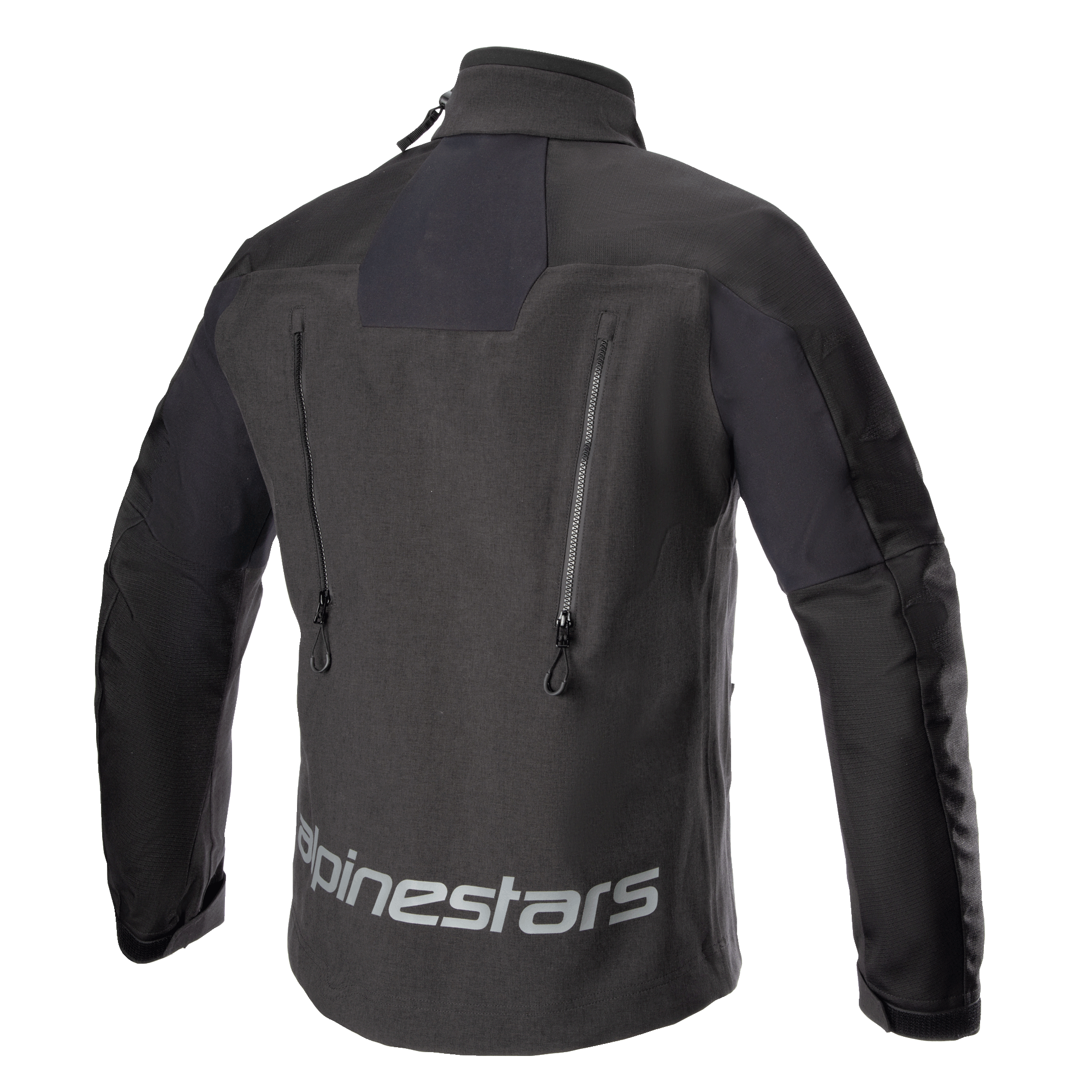 Alpinestars Hyde XT Drystar® XF Jacket, Motorcycle Jacket, Black, back view featuring a large reflective Alpinestars logo across the lower back, dual vertical exhaust vents with zippers, and textured ripstop panels