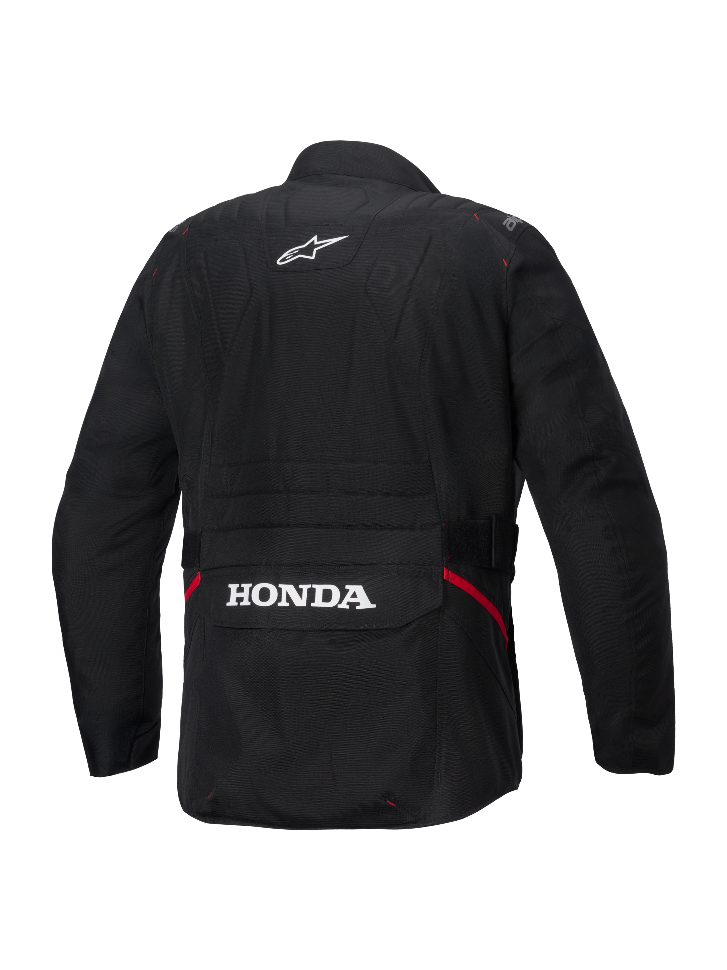 Alpinestars Honda ST-1 Waterproof Jacket, Back View, Black Textile, featuring white Alpinestars star logo on the upper back and Honda branding on the rear cargo pocket, red accents on the sides, durable touring motorcycle jacket