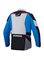 Alpinestars Honda ST-1 Waterproof Jacket, rear view, Blue and Light Gray with Black panels and Red accents, features large white HONDA branding on the lower back cargo pocket, adventure touring style textile jacket.