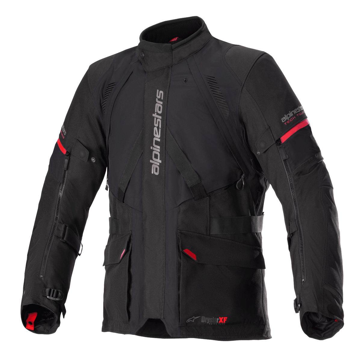 Alpinestars Monteira Drystar XF Jacket, Black and Bright Red, Adventure touring motorcycle jacket, waterproof laminated construction, featuring multiple utility pockets and adjustable straps, durable textile for all-weather protection