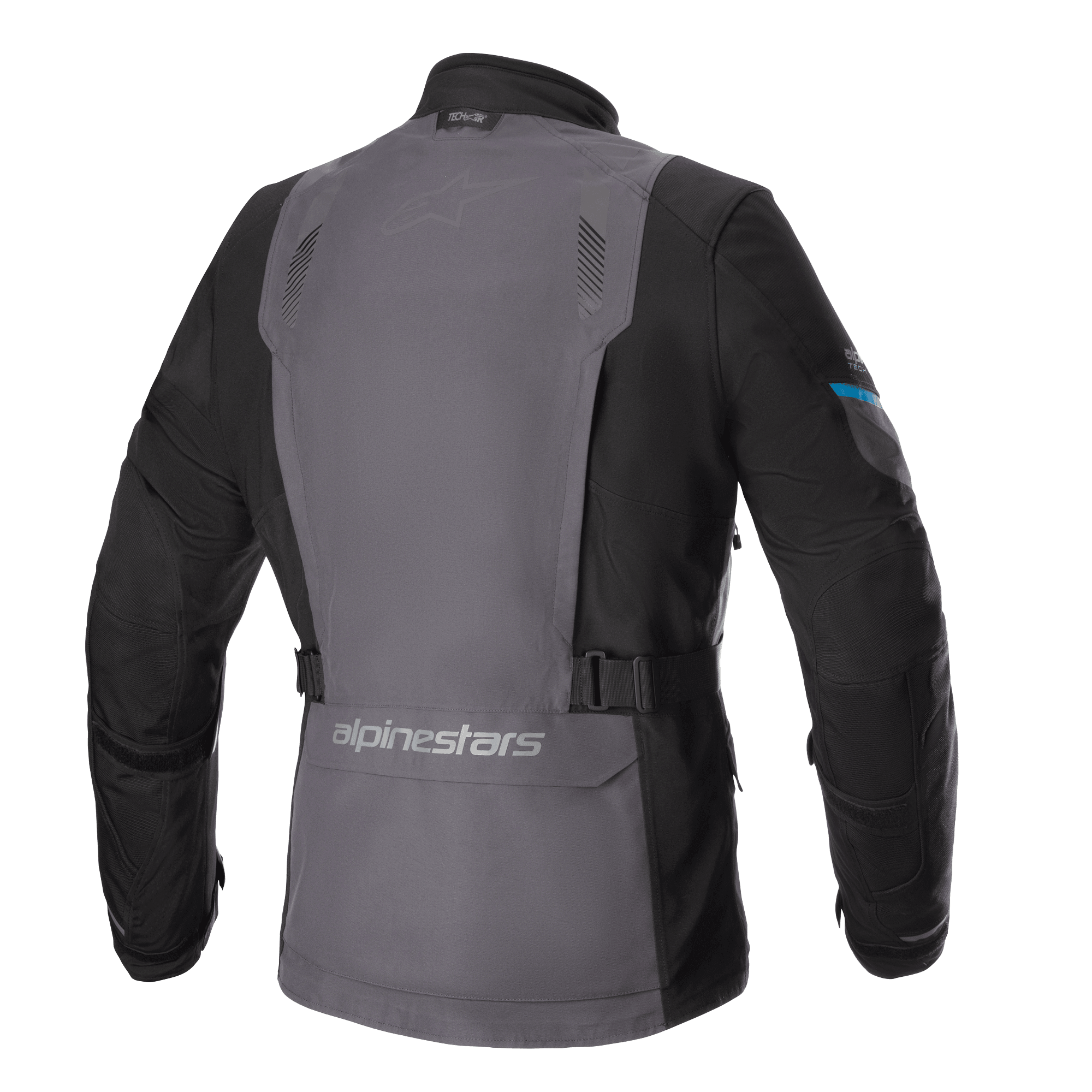 Alpinestars Monteira Drystar® XF Jacket, Adventure Touring Motorcycle Jacket, Tar Gray and Black with Methyl Blue accents, rear view showing a large gray back panel, adjustable waist straps, and Alpinestars branding on the lower back.