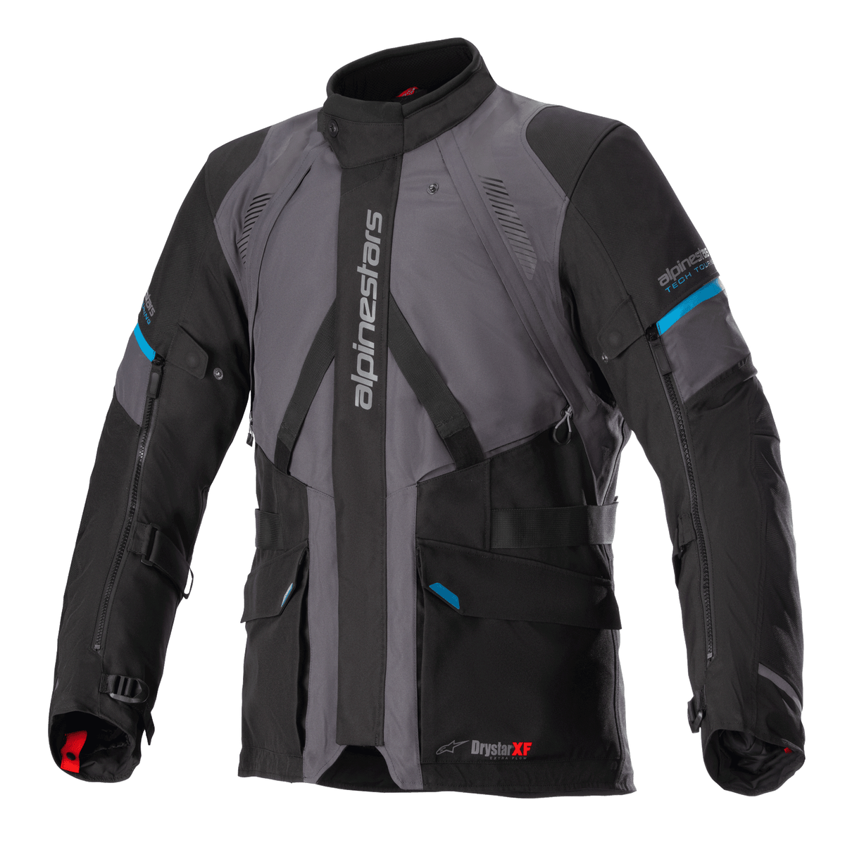 Alpinestars Monteira Drystar XF Jacket, Adventure Touring Motorcycle Jacket, Gray and Black with Methyl Blue accents, featuring multiple front pockets, adjustable waist straps, and vertical Alpinestars branding on the chest, durable waterproof textile construction