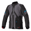 Alpinestars Monteira Drystar XF Jacket, Adventure Touring Motorcycle Jacket, Gray and Black with Methyl Blue accents, featuring multiple front pockets, adjustable waist straps, and vertical Alpinestars branding on the chest, durable waterproof textile construction