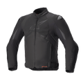 Alpinestars T-GP R V3 Drystar Jacket, All Black Sport Textile Motorcycle Jacket, Front View, subtle matte logo on chest, orange Drystar branding at the waist, DFS shoulder sliders, waterproof and breathable technical gear