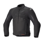 Alpinestars T-GP R V3 Drystar Jacket, All Black Sport Textile Motorcycle Jacket, Front View, subtle matte logo on chest, orange Drystar branding at the waist, DFS shoulder sliders, waterproof and breathable technical gear