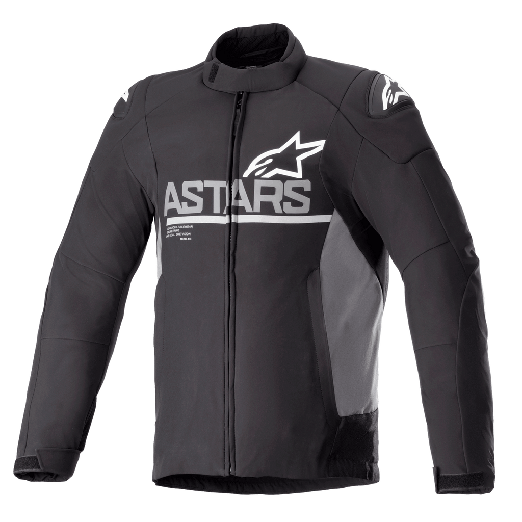 Alpinestars SMX Waterproof Jacket, Motorcycle Jacket, Black with Dark Gray side panels, white ASTARS chest logo and shoulder star logos, textile and softshell construction, full front zipper, high collar, and adjustable velcro cuffs