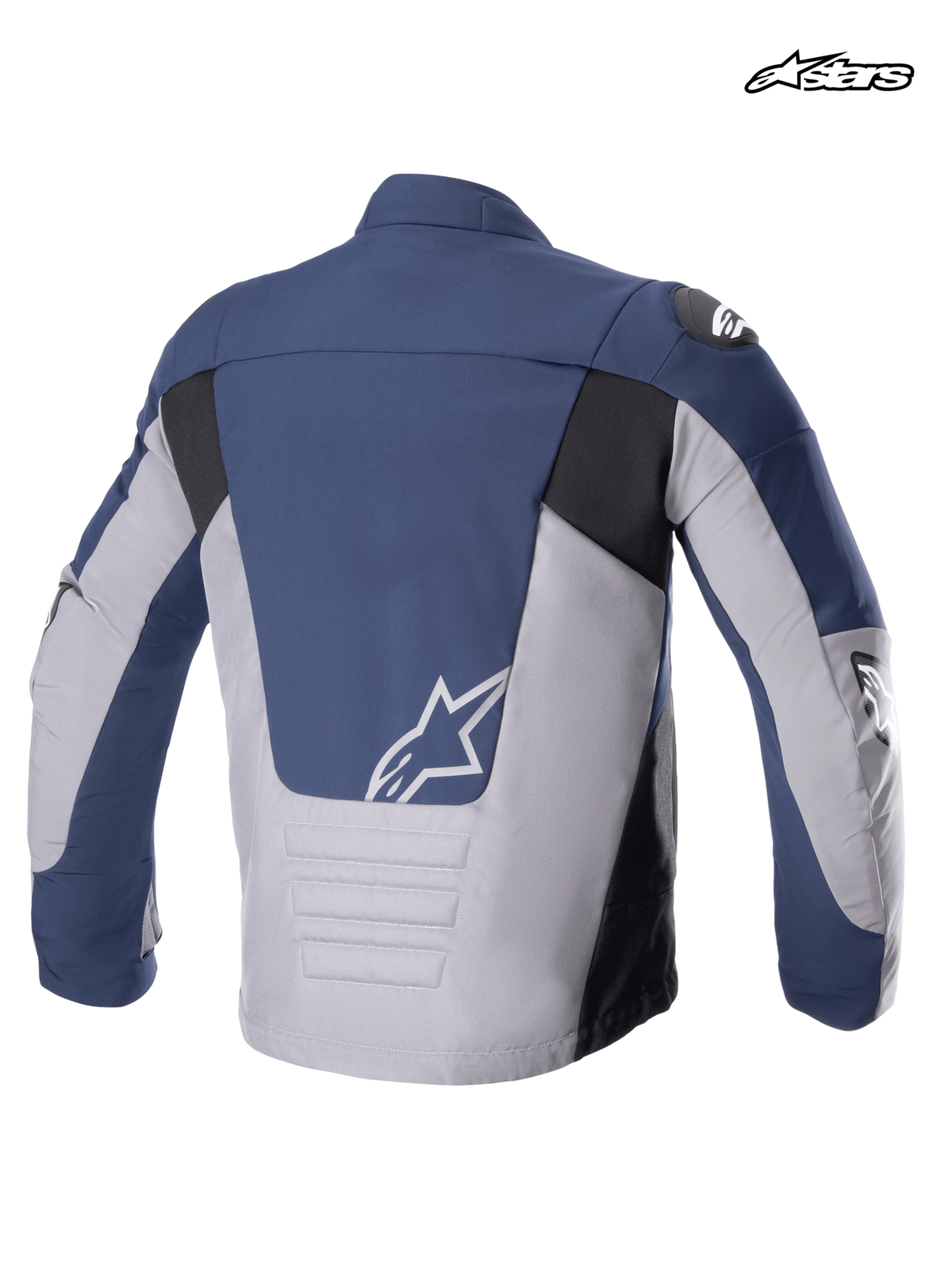 Alpinestars SMX Waterproof Jacket, men's textile motorcycle jacket, rear view showing night navy, dark gray, and black colorway, elongated lower back, and white A-star logo