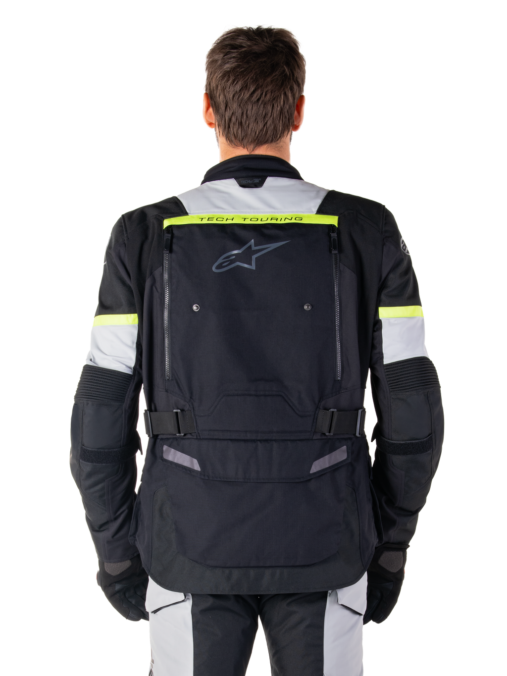 Alpinestars Bogota' Pro Drystar® Jacket, Adventure Touring Motorcycle Jacket, Black Ice Gray and Yellow Fluo, rear view showing 'TECH TOURING' branding on a fluorescent yellow stripe, large back ventilation panel, and adjustable waist straps, technical all-season gear