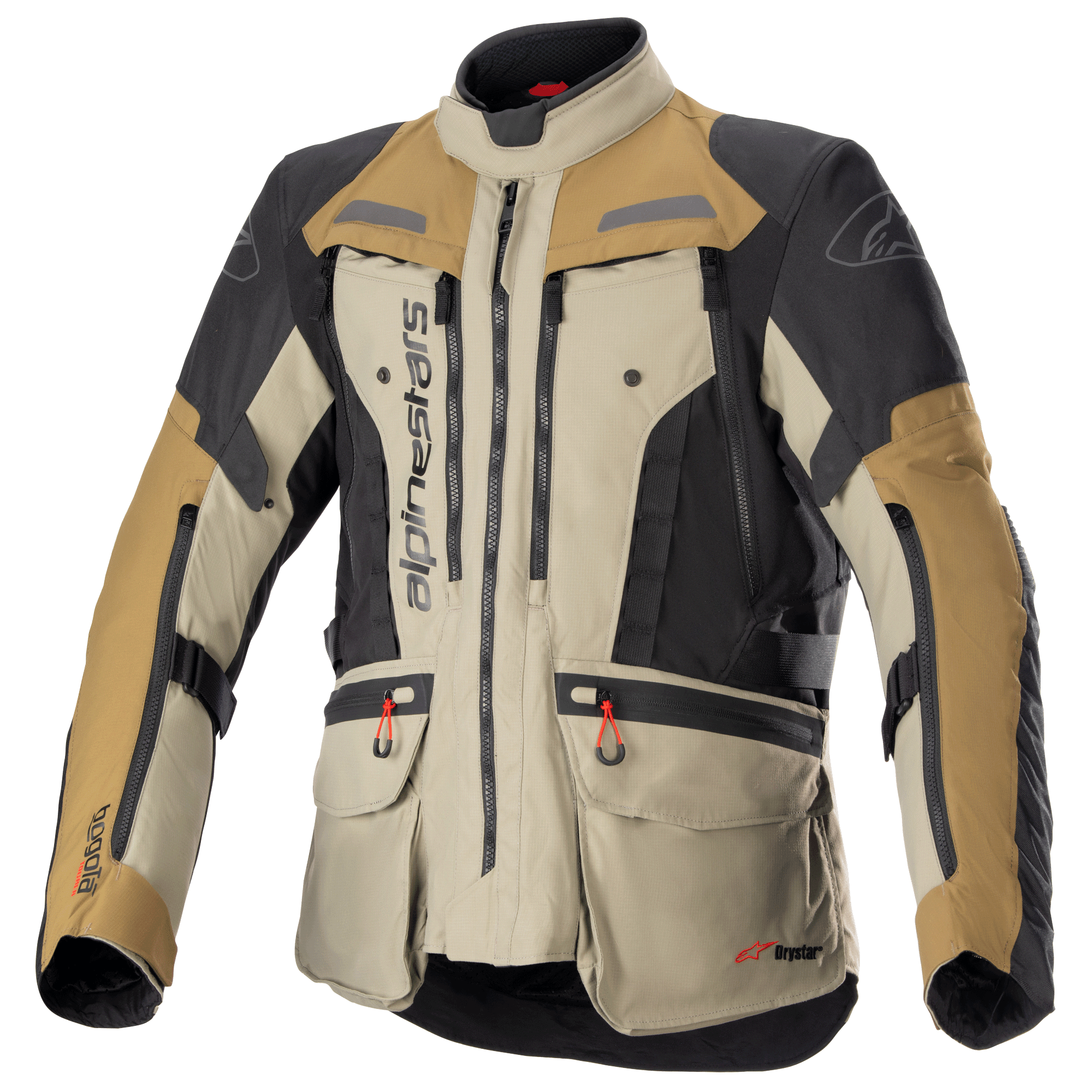 Alpinestars Bogota Pro Drystar Jacket, Motorcycle Adventure Touring Jacket, Beige Black and Tan, waterproof textile construction, multiple pockets with red pull tabs, reinforced protection areas, and high collar design