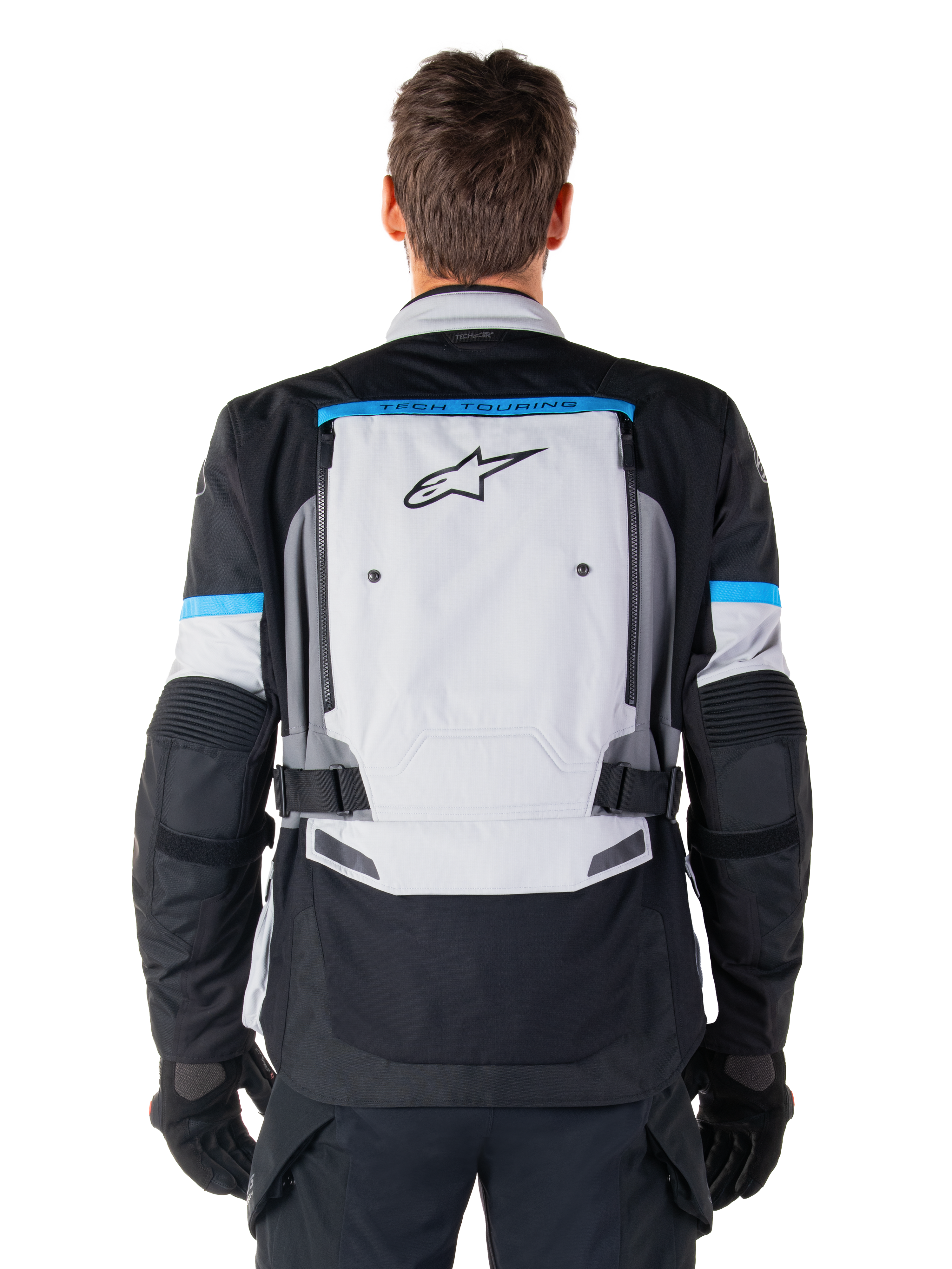Alpinestars Bogota' Pro Drystar® Jacket, Adventure Motorcycle Jacket, Ice Gray Black and Cyan, back view featuring a large light gray panel with black star logo, cyan accents with Tech Touring branding, and adjustable waist straps