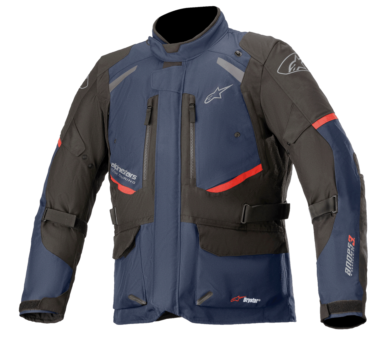 Alpinestars Andes V3 Drystar Jacket, Motorcycle Touring Jacket, Dark Blue and Black with Red accents, front view featuring zippered chest vents, adjustable waist straps, and high collar, waterproof textile construction for adventure riding