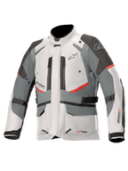 Alpinestars Andes V3 Drystar Jacket, adventure touring motorcycle jacket, ice gray and dark gray with red accents, waterproof textile construction with adjustment straps and zippered vents, high collar design for all-weather protection