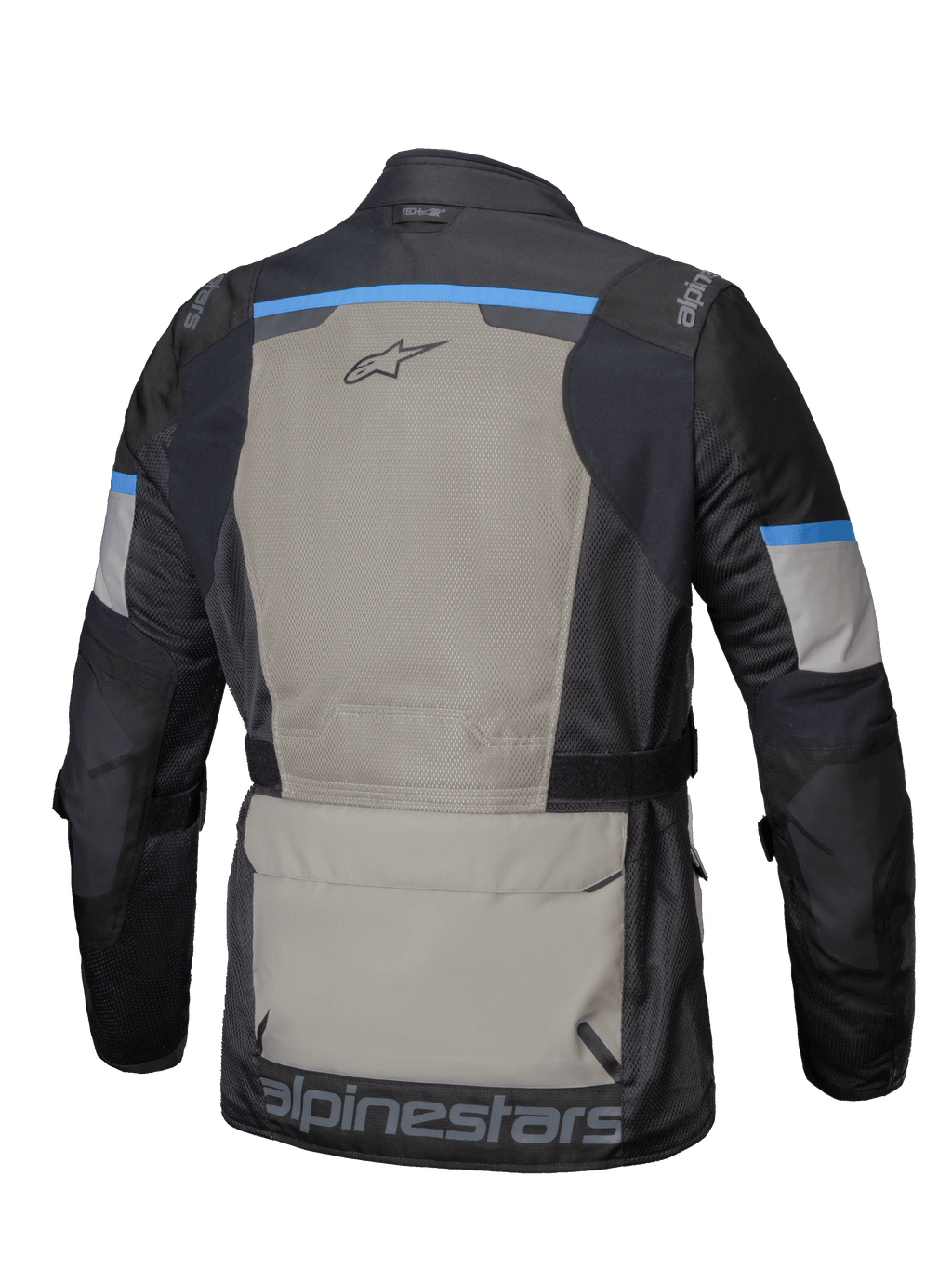 Alpinestars Andes Air Drystar Jacket, men's adventure touring motorcycle jacket, back view showcasing extensive 2D mesh ventilation and large storage pocket, Black, Laurel Gray, and Bright Blue, CE certified