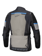 Alpinestars Andes Air Drystar Jacket, men's adventure touring motorcycle jacket, back view showcasing extensive 2D mesh ventilation and large storage pocket, Black, Laurel Gray, and Bright Blue, CE certified