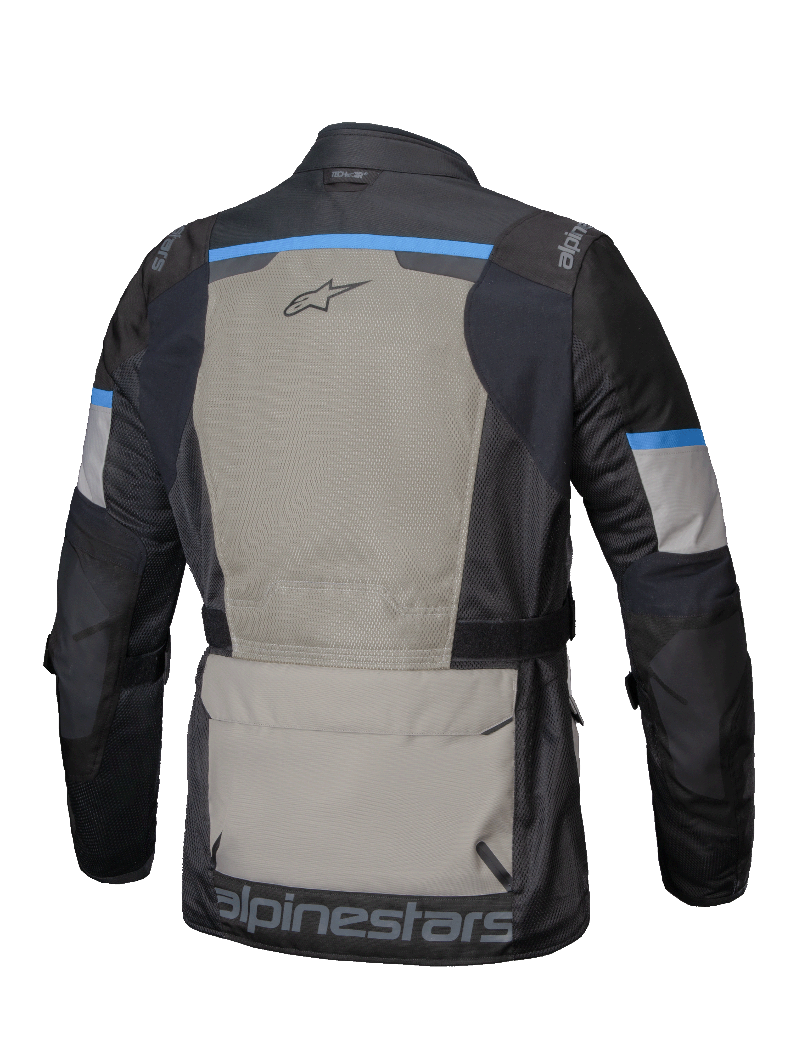 Alpinestars Andes Air Drystar Jacket, men's adventure touring motorcycle jacket, back view showcasing extensive 2D mesh ventilation and large storage pocket, Black, Laurel Gray, and Bright Blue, CE certified