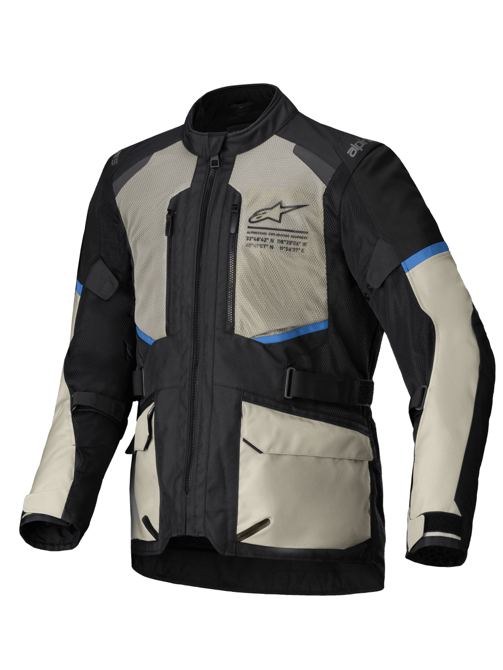Alpinestars Andes Air Drystar Jacket, men's dual-season adventure touring motorcycle jacket, Black, Laurel Gray, and Bright Blue, featuring extensive mesh ventilation, waterproof detachable membrane, and CE Level 1 armor
