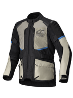 Alpinestars Andes Air Drystar Jacket, men's dual-season adventure touring motorcycle jacket, Black, Laurel Gray, and Bright Blue, featuring extensive mesh ventilation, waterproof detachable membrane, and CE Level 1 armor