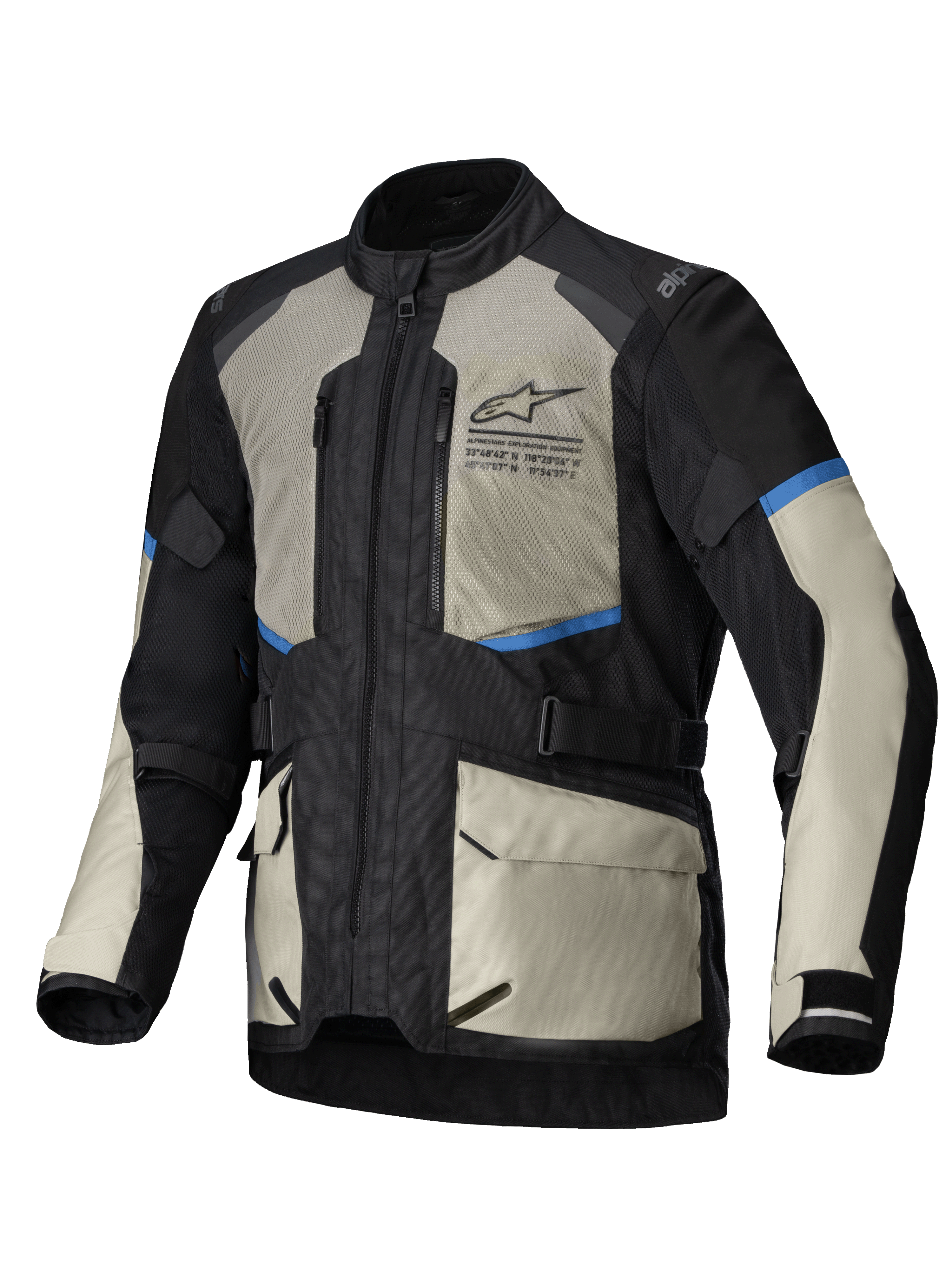 Alpinestars Andes Air Drystar Jacket, men's dual-season adventure touring motorcycle jacket, Black, Laurel Gray, and Bright Blue, featuring extensive mesh ventilation, waterproof detachable membrane, and CE Level 1 armor