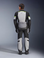 Alpinestars Andes Air Drystar® Jacket and Pants, Ice Gray Dark Gray Black adventure touring kit, rear view of rider wearing complete gear with neon yellow accents, featuring large mesh ventilation panels and Alpinestars branding.