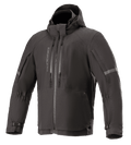 Alpinestars Sirius Drystar Techshell Jacket, Waterproof Motorcycle Jacket, Melange Black, hooded textile design with vertical chest zippers, reflective stripes on sleeves, and adjustable buckled cuffs