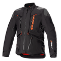 Alpinestars AMT-10R Drystar XF Jacket, Black and Orange, motorcycle adventure touring jacket, grey shoulder patches, multiple zippers with orange pulls, adjustable straps, red interior lining, technical protective gear
