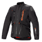 Alpinestars AMT-10R Drystar XF Jacket, Black and Orange, motorcycle adventure touring jacket, grey shoulder patches, multiple zippers with orange pulls, adjustable straps, red interior lining, technical protective gear