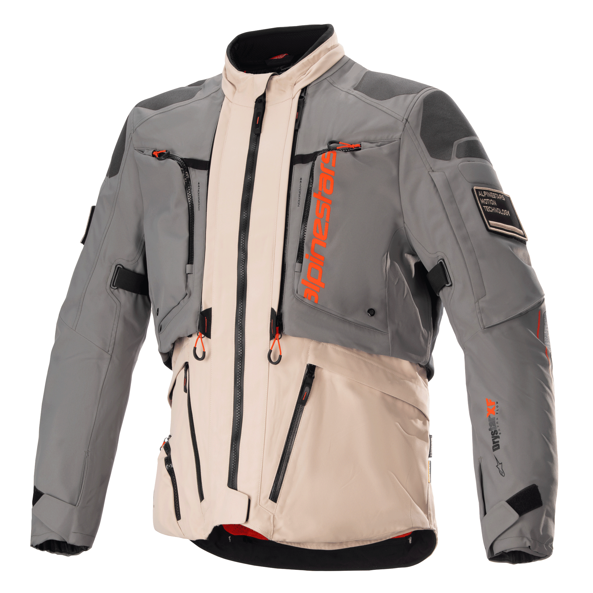 Alpinestars AMT-10R Drystar XF Jacket, Adventure Touring Motorcycle Jacket, Fur Gray and Pale Brown with Spicy Orange accents, modular textile construction with front zippers, reinforced shoulder and elbow panels, and high collar, professional protective riding gear