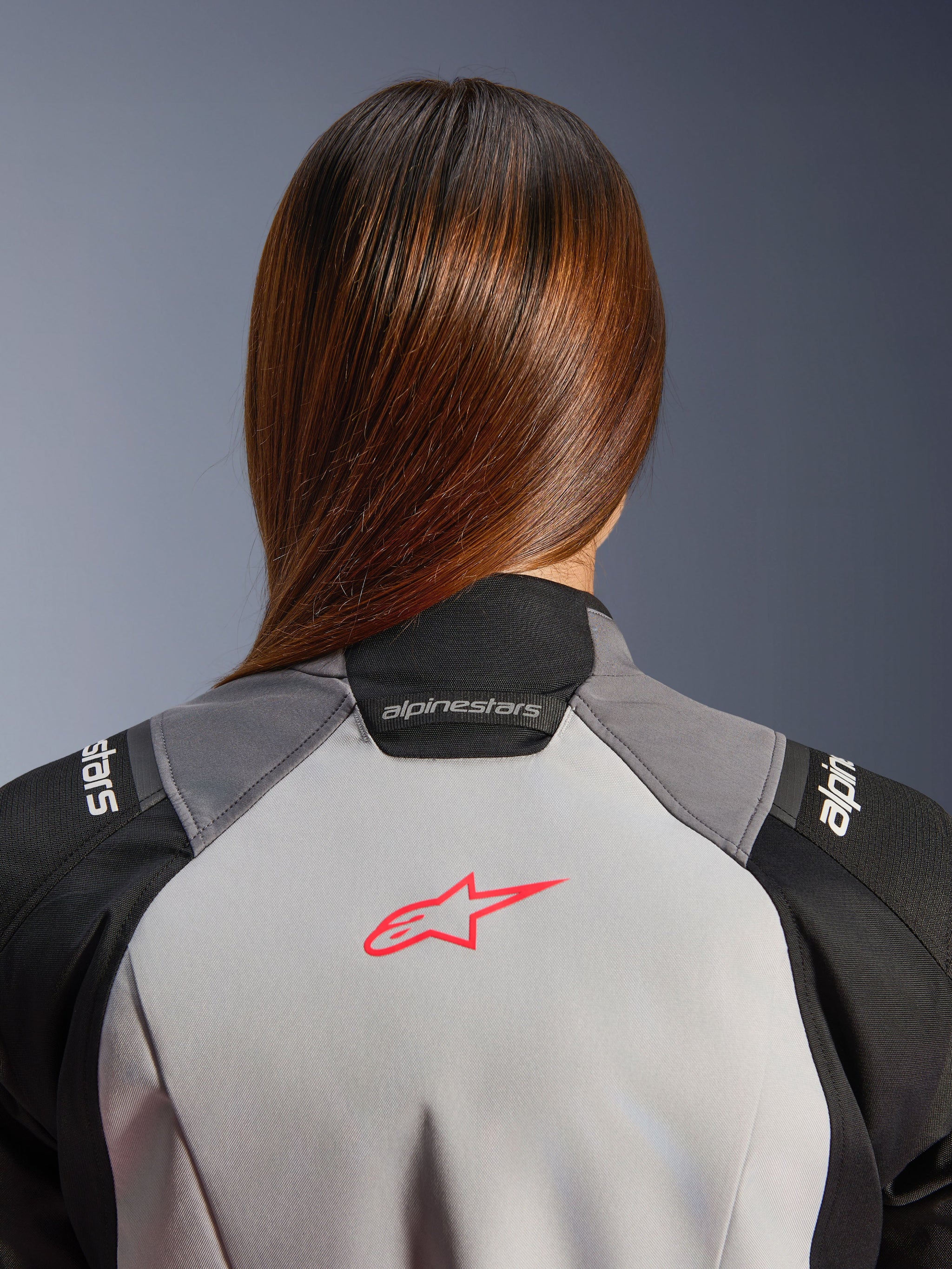 Alpinestars Stella Andes V4 Drystar® Jacket, Women's Adventure Jacket, Ice Gray and Black, Coral Fluo back logo.